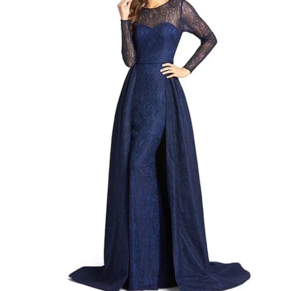 MAC DUGGAL LACE LONG SLEEVE ILLUSIONS CREW NECK NAVY BALL GOWN DRESS